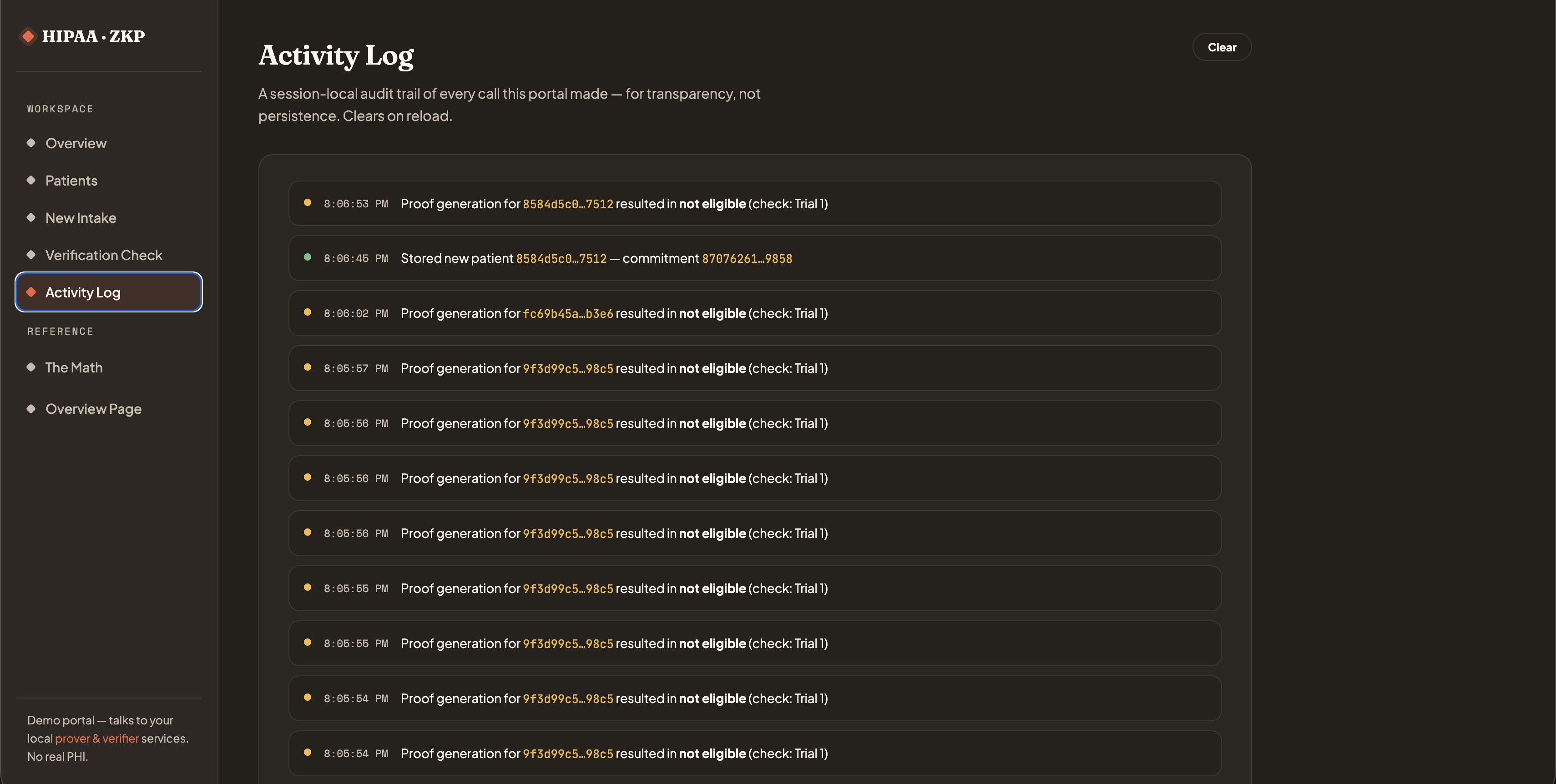 Activity log listing proof generation attempts and their results