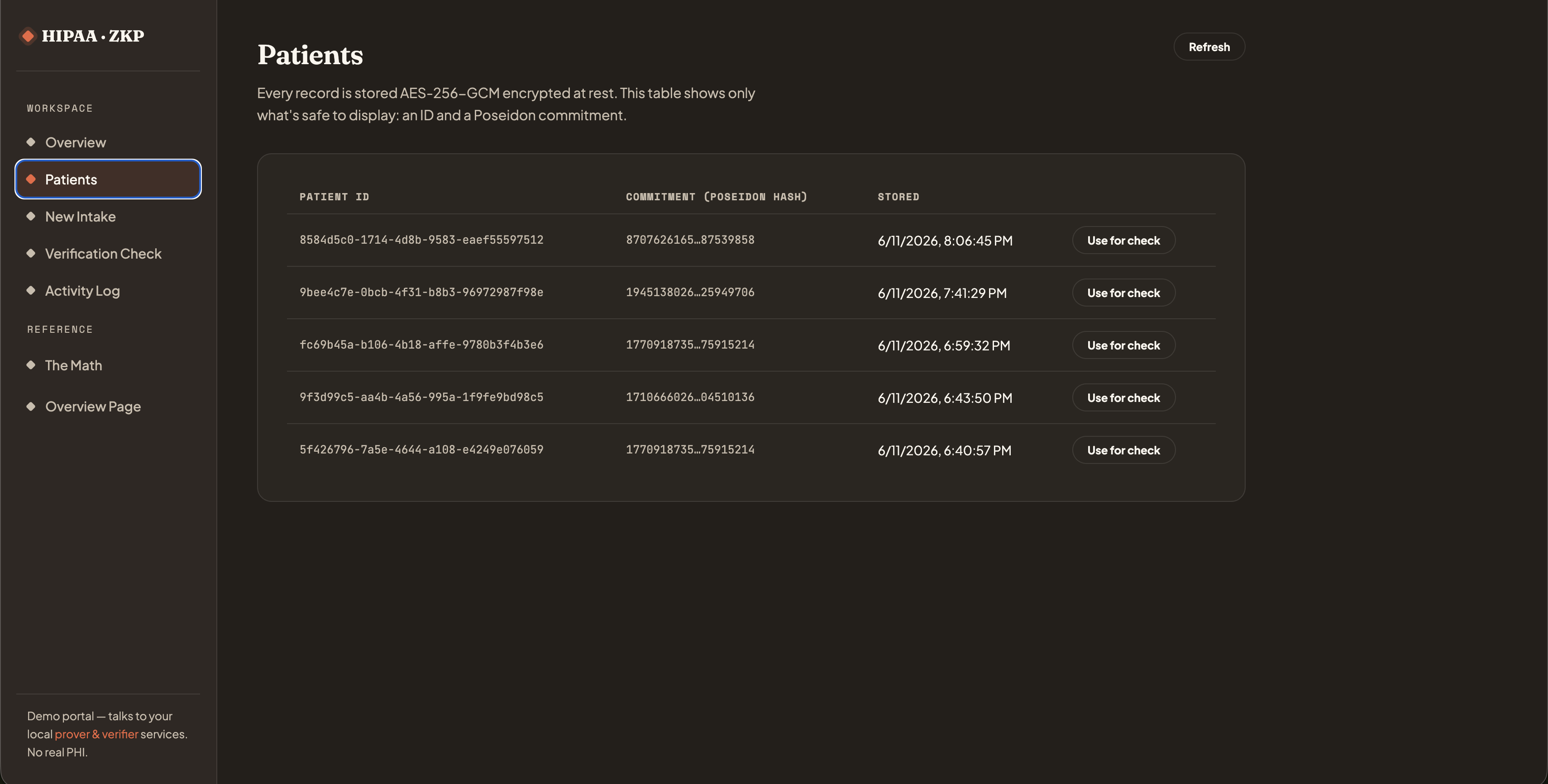 Patients table showing patient IDs, Poseidon commitments, and timestamps